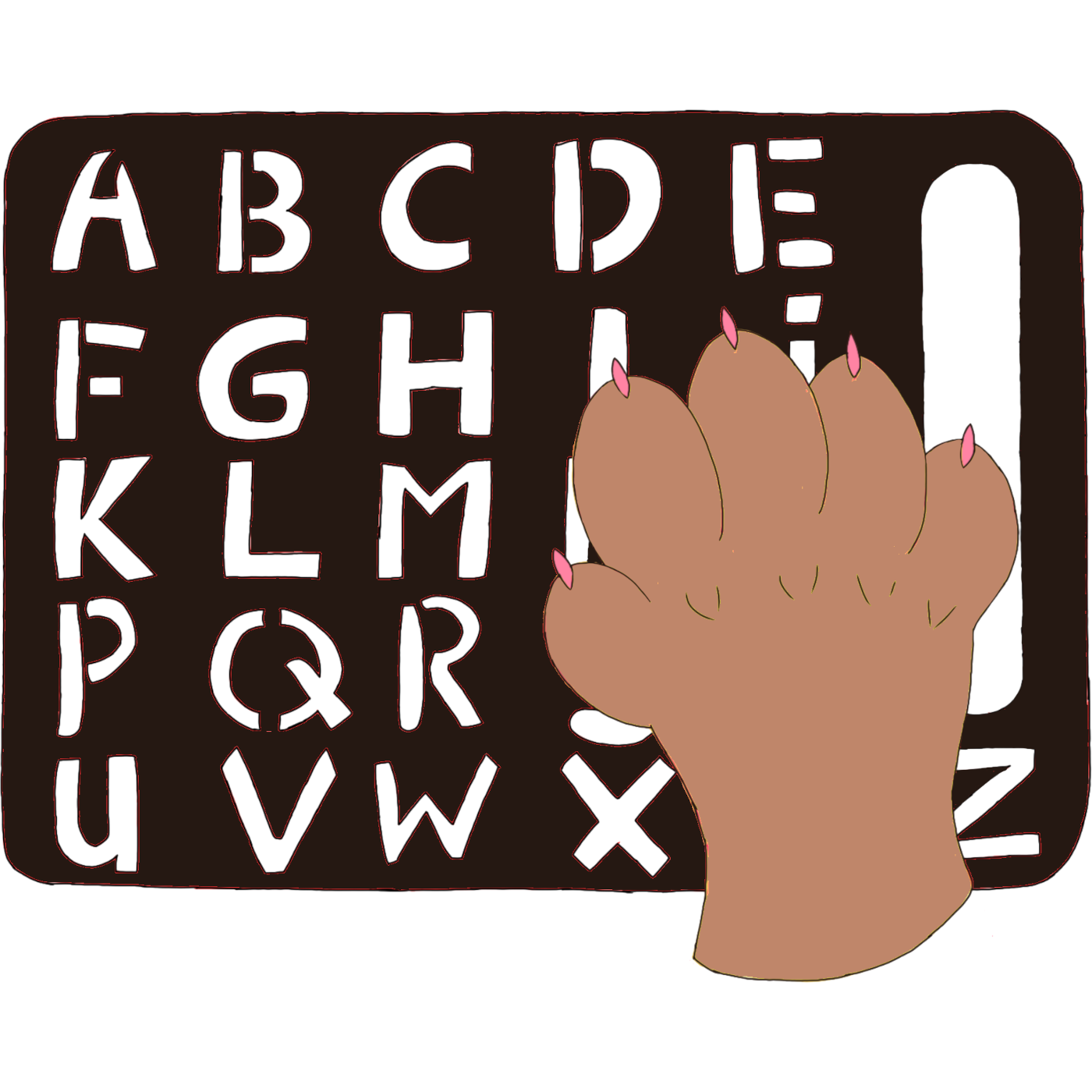  a black abc format stencil style letterboard with a brown paw over it, pointer finger over I.